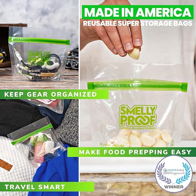 Smelly Proof 50pk Stand-Up Reusable Food Storage Bags - US Made, BPA FREE, NO PEVA, Clear 3 mils STAND & FILL 6"x4" 50 pcs