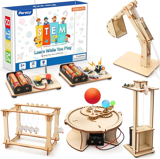 Poraxy 5 Set STEM Science Kits for Kids Age 8-12, Wooden Building STEM Projects 8-10, 3D Puzzles, Experiment Circuits Model, Toys for Ages 8-13, Gifts for Boys and Girls 6 7 8 9 10 11 12 13 Years Old
