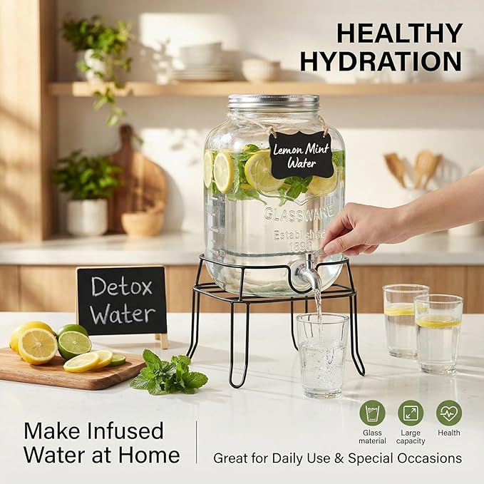 2 Gallon Glass Drink Dispenser, Beverage Dispenser