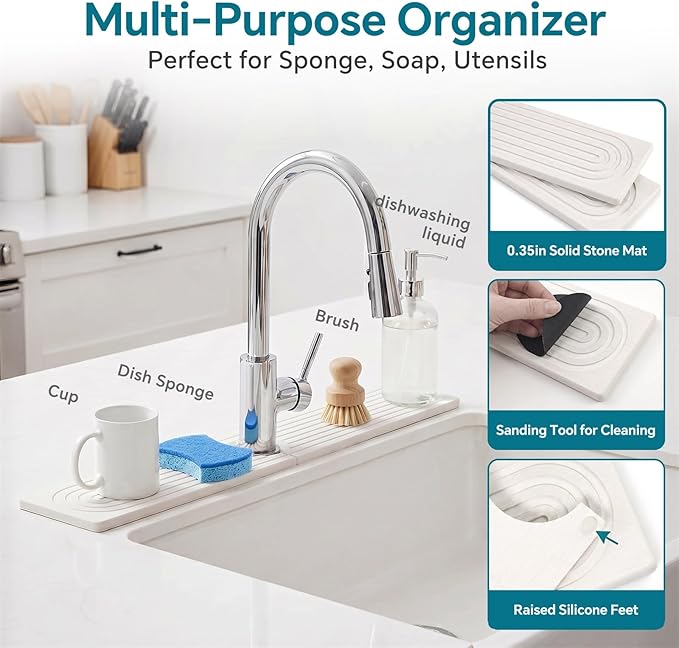 Stone Faucet Mat for Kitchen Sink-Diatomite Drying Stone Mat& Sink Protector