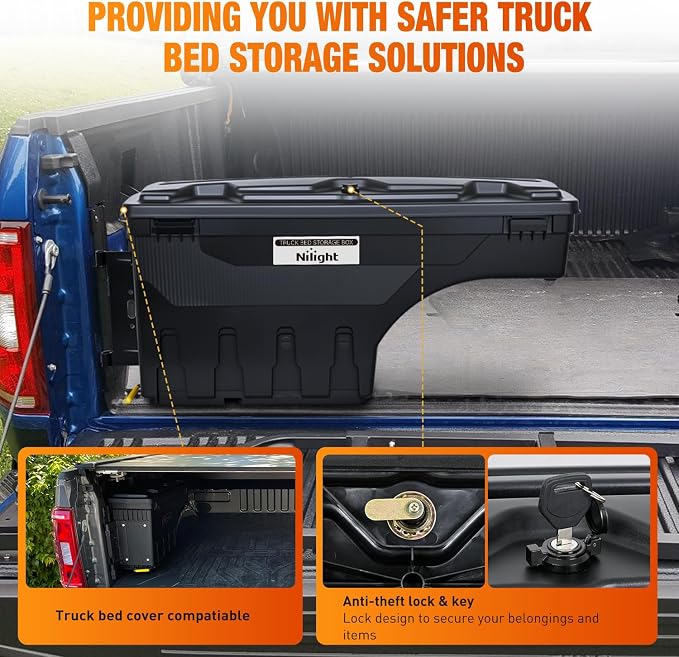 Nilight Truck Bed Tool Box Left Drivers Side Truck Tool Box Fit for Dodge Ram 1500 2500 3500 2002-2018 ABS Swing Case Truck Bed Storage Box w Lockable Lid Waterproof Wheel Well Toolbox, without Rambox