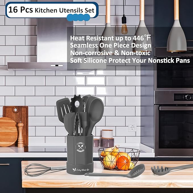 Silicone Kitchen Utensils Set, 16-Piece Silicone Cooking Utensils by Deedro