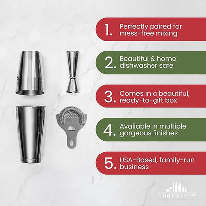 A Bar Above 4-Piece Cocktail Shaker Set for Professional & Home Bar – Premium Bar Kit Gifts Includes Strainer, Japanese Jigger & Boston Shaker Set