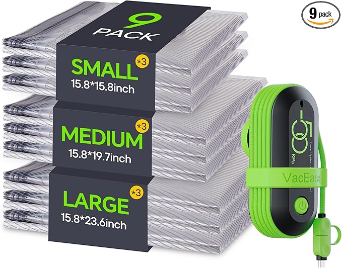 9 Pack Travel Vacuum Storage Bags with USB Electric Pump, Carry-on Size Space Saver Bags for Clothes and Clothing Travel，Compression Packing for Luggage and Suitcase