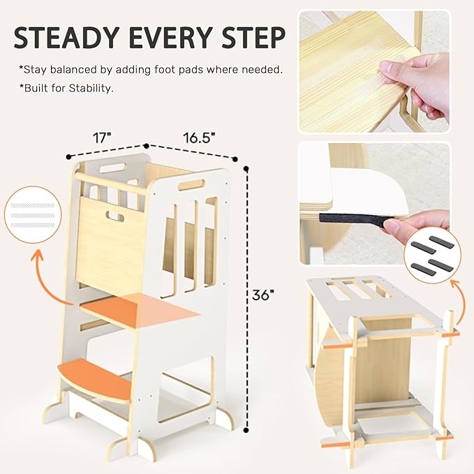 WINGYZ Toddler Kitchen Stool – Adjustable Helper Tower for Kids with Safety Rail, Wooden Standing Step-Up Stool, Sliding Door & Stable Base, White