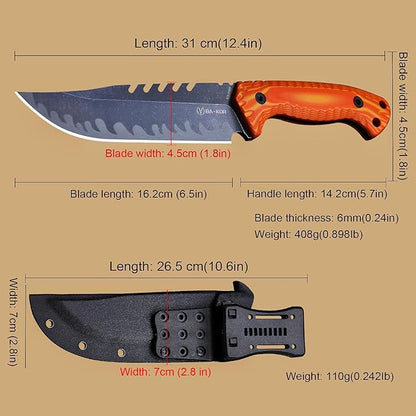 BA-KOR 12.4in Full Tang Fixed Blade Hunting Knife ??6mm 9CR18MoV Steel, G10 Handle, Stonewashed Sawback Blade with Kydex Sheath & Fire Starter for Outdoor, Camping, Survival (Orange with light yellow stripes)