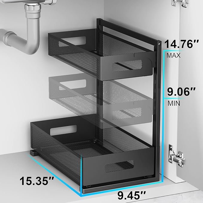 Petiza Under Sink Organizer Pull Out Cabinet Organizer Adjustable Height 2 Tier