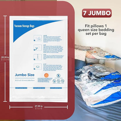 Vacuum Storage Bags 7 Jumbo, Space Saver Sealer Bags,Plastic Packaging Bags,Compression Bags for Clothes, Pillows, Comforters, Blankets, Bedding,No pump included