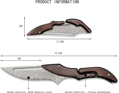 HUAAO Damascus Folding Knife, Yellow Sandalwood Handle with Mechanical Lock, Tactical Pocket Knife for Outdoor Camping Survival Hunting Self Defense Multitool
