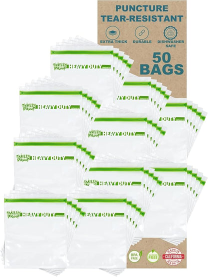 50pcs BULK DEAL, Reusable Extra HEAVY DUTY Bags Thick 5mil Reclosable Bags, BPA-Free, Washable Dishwasher-Safe, Made in USA Resealable Thick, FLAT Large Quart 10" x 8.5" - 50 pcs