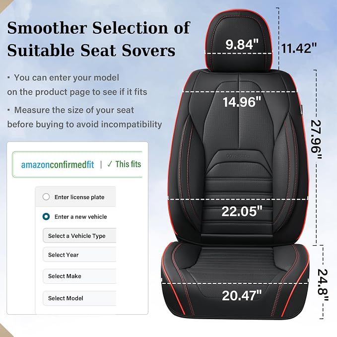 Coverado Car Seat Covers Full Set, Black Redline Seat Covers for Cars, Automotive Seat Covers, Waterproof Nappa Leather Front Seats and Back Car Seat Protector, Universal Fit for Most Cars SUV Trucks