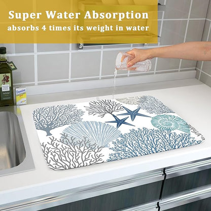 Blue Coral Dish Drying Mat 18x24 Inch Absorbent Reversible Summer Beach Drying