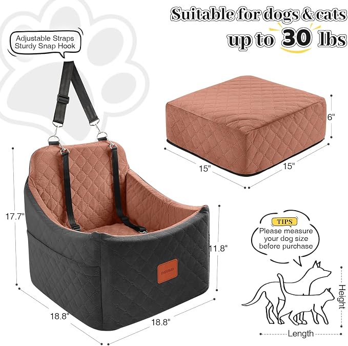 Dog Car Seat for Small/Medium Dogs, Memory Foam Dog Booster Seat, Travel Safety Pet Car Seat with Washable Removable Cover, Storage Pockets for Dogs up to 35 lbs((Black/Brown, Medium)