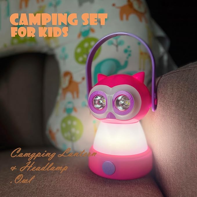 Kids Owl Lantern & Headlamp Set, 2-in-1 360° LED Camping Night Light, Battery Powered 3×AA, Child-Safe ABS, Portable Adventure Toy & Bedroom Night-Light (Pink Owl Lantern-Headlmp)