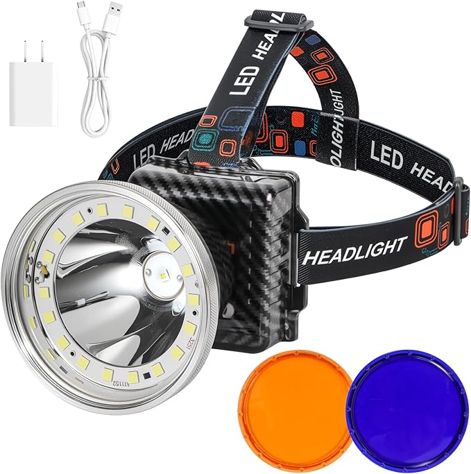 Rechargeable LED Headlamp with Flood and Spot Beam, Power Display, 5 Lighting Modes, Yellow/Blue Filter Lens, High Lumen Outdoor Waterproof Head Torch for Fishing, Hunting, Hiking, Outdoor