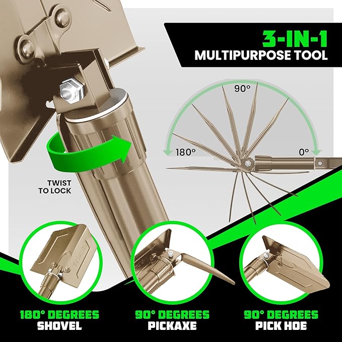 RHINO USA Folding Survival Shovel w/Pick - Heavy Duty Carbon Steel Military Style Entrenching Tool for Off Road, Camping, Gardening, Beach, Digging Dirt, Sand, Mud & Snow - Tan