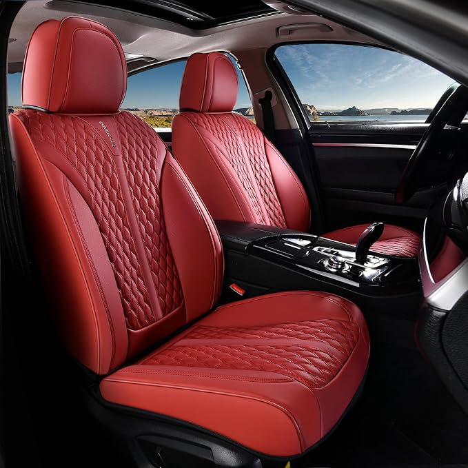Coverado Car Seat Covers Full Set, Waterproof Nappa Leather Seat Covers for Cars, Front and Back Car Seat Protector, Luxury Car Seat Covers, 5 Seats Universal Red Car Seat Cover Fit for Most Cars