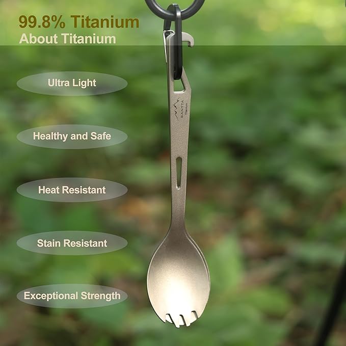 SANTTA Titanium 3-in-1 Camping Spork, Spoon, Fork & Bottle Opener Combo Utensil for Hiking and Travel