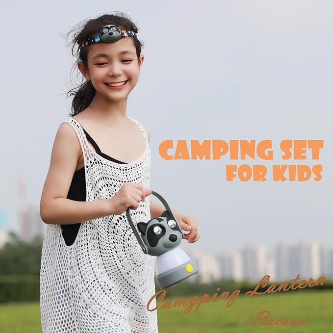 Outdoor Equipment LED Camping Lantern & Headlamp Set for Kids, FANT.LUX Battery Powered Night Light for Emergency, Hurricane, Lightweight Tent Lamp - Owl (Raccoon Set)