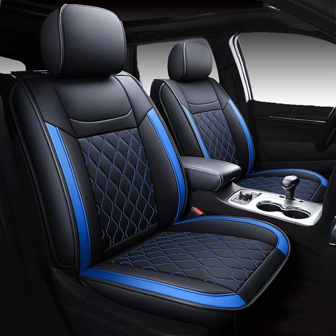 Huidasource Grand Cherokee Seat Covers, Waterproof Leather Customized Car Seat Cushion Covers, Full Set Seat Protector Compatible with Grand Cherokee 2011-2022, (5 Pcs Full Set/Black&Blue)