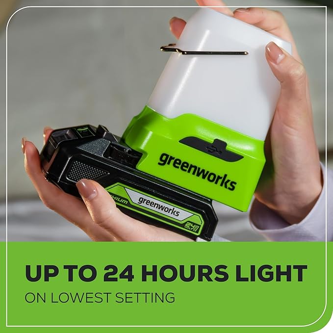Greenworks 24V Lantern Cordless 500lm Camping Light Kit with USB-A and USB-C Port, 2Ah Battery and Charger Included