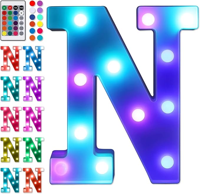 Foaky Colorful LED Letter Lights with Remote,Marquee Light Up Letters Sign for Night Light Wedding/Birthday Party Battery Powered Christmas Lamp Home Bar Decoration(N)
