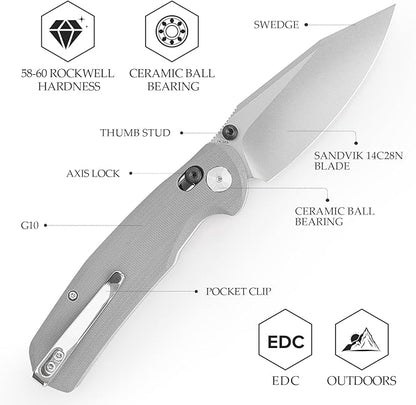 Axis Knives, EDC Folding Knife for Men, Pocket Knife with Clipï¼?.34??14C28N Steel,Thumb Stud Blade,Grey G10 Handle.Outdoor Camping Tool，Hornet-03G