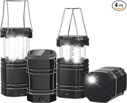 4 Pack Solar Camping Lantern with 1600mAh Rechargeable Battery, 30-Hour Runtime, 360° LED Tent Light & Super Bright Flashlight, Compact & Portable for Hiking, Emergency, Outdoor