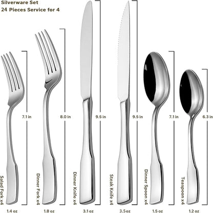 Alata Kate 24-Piece Silverware Set with Steak Knife, Stainless Steel Flatware Set Service for 4, Mirror Polished Cutlery Set Dishwasher Safe
