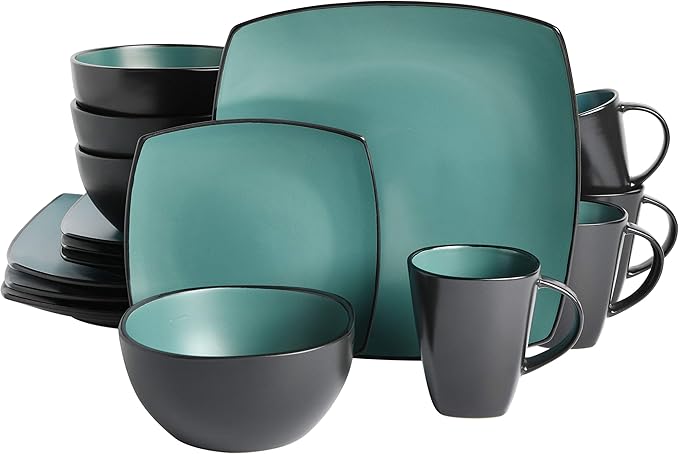 Gibson Elite Soho Lounge Square Reactive Glaze Stoneware Dinnerware Set, Service for 4 (16pc), Matte Jade