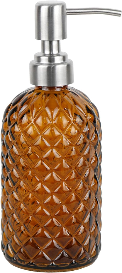 16 oz Diamond Pattern Glass Soap Dispenser, Kitchen and Bathroom Refillable