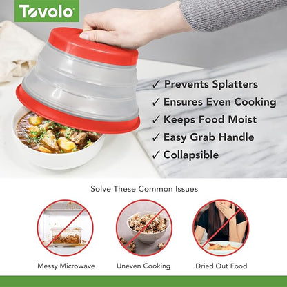 Tovolo Microwave Splatter Cover for Food, Small (Candy Apple Red) - Collapsible & Vented Silicone Splatter Guard Lid - Microwave Plate & Dish Cover with Handle - BPA-Free Kitchen Gadget for Meal Prep