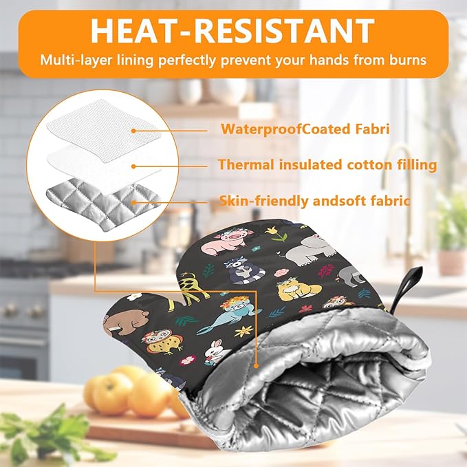 Cute Animals Oven Mitts and Pot Holders Sets 4Pcs, Extra Long Oven Gloves