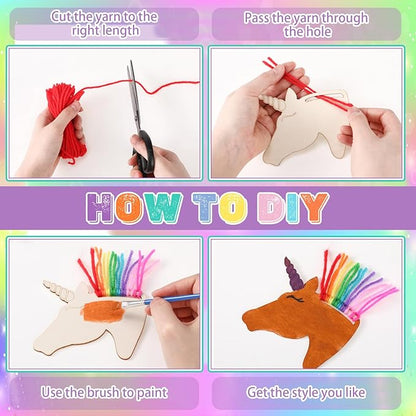 Geelin 24 Pcs Christmas Wooden Horse Craft Western Ornament Unfinished Wooden Cutouts Horse Painting Kit Unicorn Ornament DIY Cowboy Craft Paint Your Own Art for Christmas Party Favors(Unicorn)