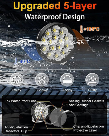 5 Inch Side Shooter LED Pods, Super Bright 34000LM Yellow Flood Spot Beam LED Driving Light w/Amber DRL, 360° Wide Range Off Road Light w/Wiring Harness Kit for ATV UTV SUV - 2Pack