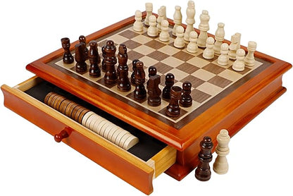 Juegoal 12-Inch Wooden Chess & Checkers Set with Storage Drawer, Portable Board Games for Kids and Adults