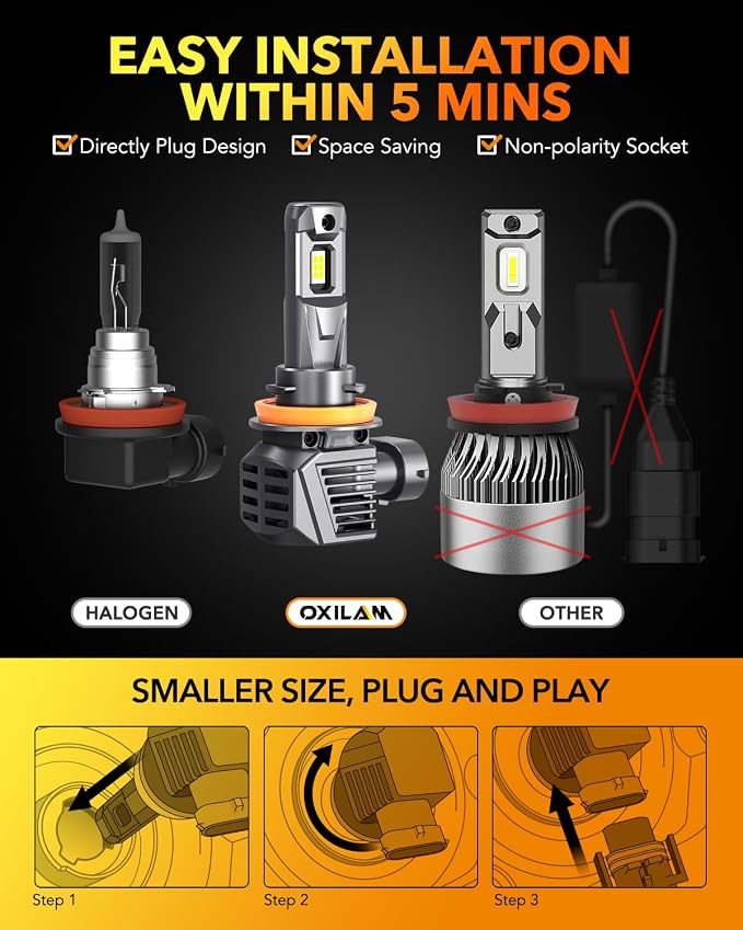 OXILAM H11 LED Bulb H8 H9 Bulbs, 900% Brighter Ultra-Bright, 5 Min Quick Install, 6000H Lifespan, No Flicker, 99% Compatibility, Fit for Cars Trucks SUVs, Pack of 2