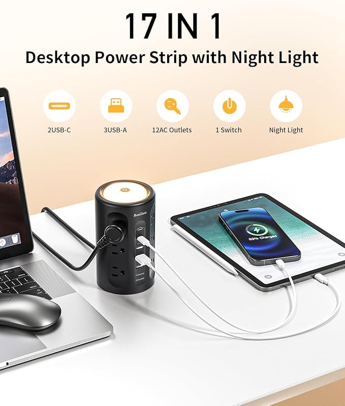 AnnTane Power Strip Tower with Night Light, Power Strip Surge Protector with