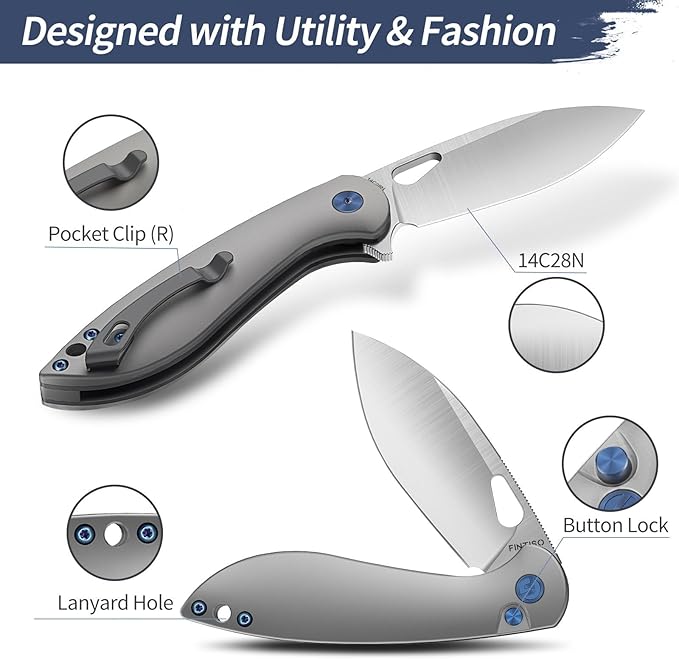 FINTISO Pocket Knife, 3.1" Premium 14C28N Blade Folding Knife with Button Lock, EDC Knife with Aircraft-grade Aluminum Alloy Handle for Camping, Hunting, Survival, Best Gift for Men Women-COBRA series