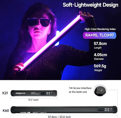 VILTROX K60 2 Pack Large Handheld Stick Light, 32Wh Rechargeable Battery 20W 1950lm RGB LED Video Light w PD Fast Charging CRI 97+ 2500K-8500K LCD Display, 22.8" Tube Light for Photography Light Wand