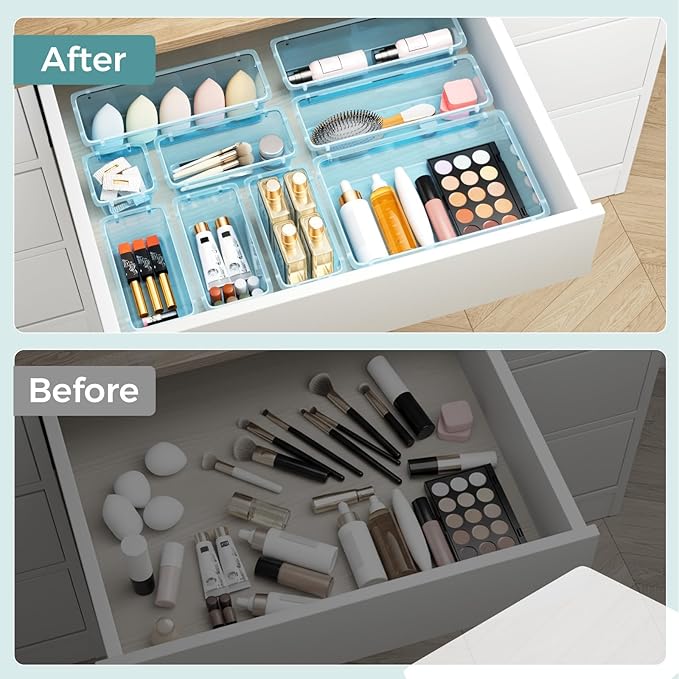 WOWBOX 44 PCS Clear Plastic Drawer Organizer Set, 6 Varied Size storage Bins