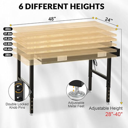 48" Workbench for Garage with Drawers Rubberwood Tabletop Work Table with Pegboard, Power Outlets Adjustable Height Work Bench for Office, Woodworking Shop, Home