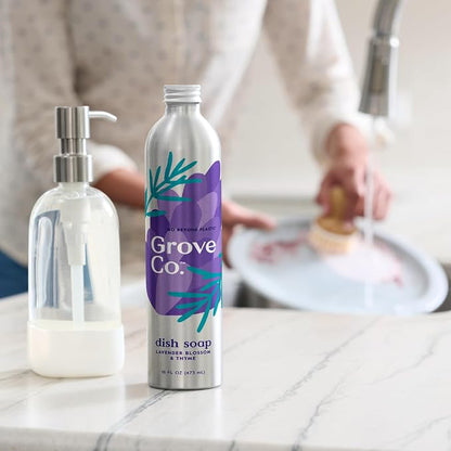 Grove Co. Dish Soap, 3 x 16 fl oz Refills + Refillable Glass Dispenser | Lavender Blossom & Thyme; Plastic-Free; Reusable dispenser; Refill format; Removes Stuck on Food; 98% plant-based ingredients