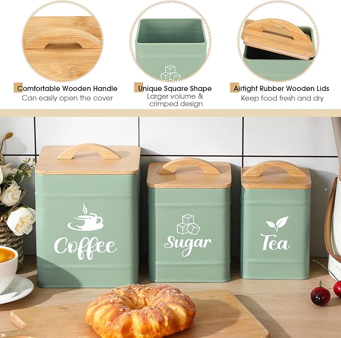 Maxdot 3 Set Coffee Sugar Tea Containers, Square Airtight Kitchen Canisters
