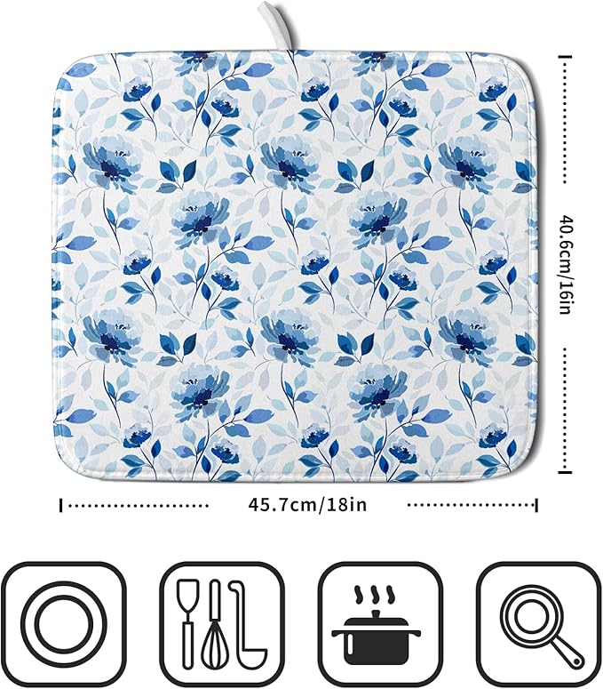 Blue Floral Dish Drying Mat 16x18 inch Flower Leaves Dish Rack Pad Microfiber