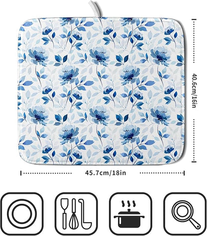 Blue Floral Dish Drying Mat 16x18 inch Flower Leaves Dish Rack Pad Microfiber