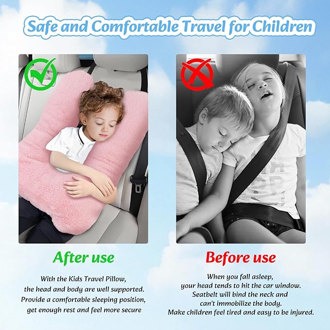 Swemos Travel Pillow, Car Pillow for Kids & Adults - Ergonomic Travel Pillows Sleeping Aid for Neck & Body Support, Car Travel Essentials Pillow on Road Trips-Pink