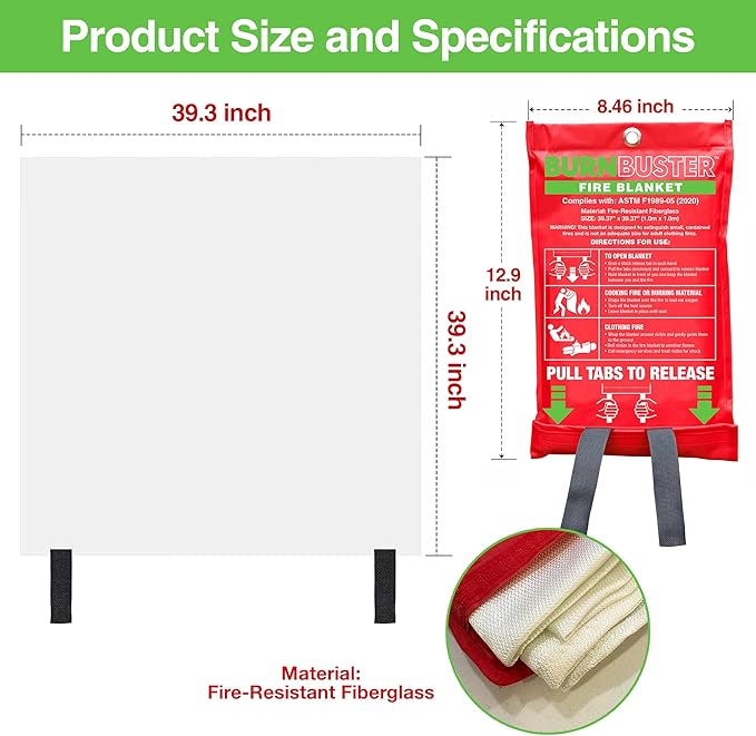 Emergency Fire Blanket - ASTM Certified Fire Suppression Blanket for Home, Kitchen, Grill, Camping, Car & More - 40" x 40" Flame Retardant Fabric, No Mess, Easy Deployment