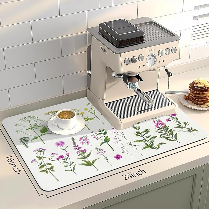 Bloss Dish Drying Mat, Spring Flower Printed Coffee Bar Mat, Kitchen Counter Mat