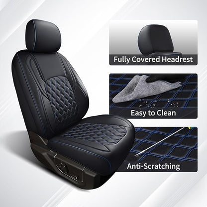 Huidasource Faux Leather Front&Rear Truck Seat Cover Custom Fit for 2015-2025 Ford F150 SuperCrew & 2017-2025 F250 F350 F450 Super Duty Crew Cab XL XLT Lariat King Ranch Platinum(Full Set/Black&Blue)